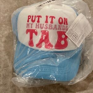 Put It On My Husbands Tab Blue and White Cap or hat with Pink Text